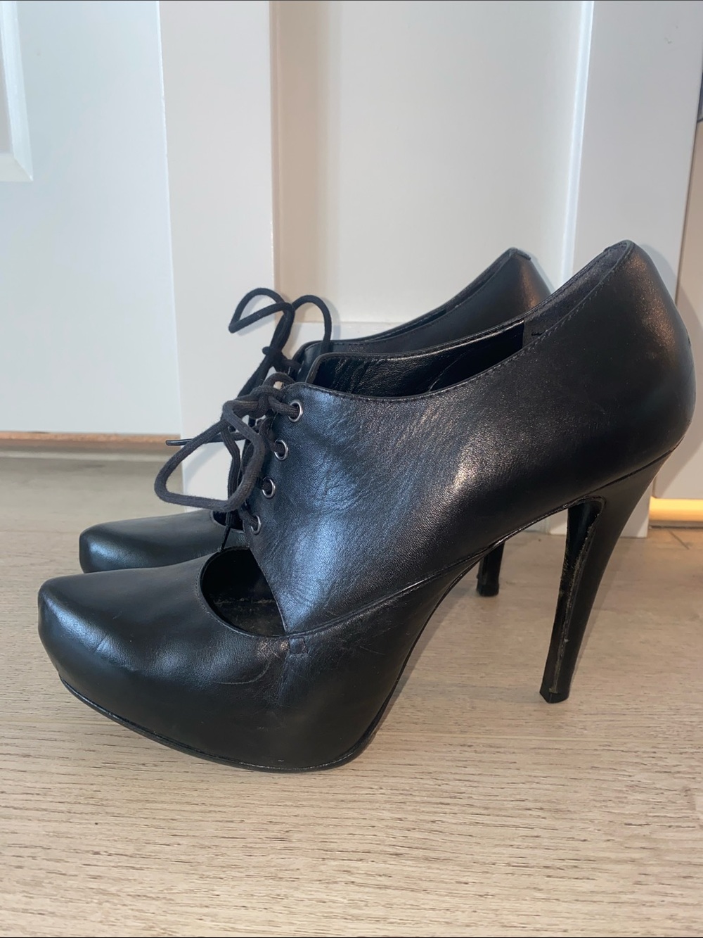 Aldo Black Leather Lace-Up Stiletto Pumps